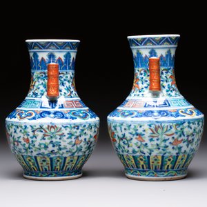 A pair of Chinese doucai 'Hu' vases with lotus scroll design, Qianlong mark, 19th C. — photo 4