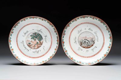 A pair of Chinese Dutch-decorated 'proverb' plates, 18th C.