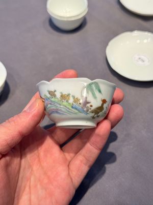 A pair of Chinese eggshell white-glazed cups and saucers, and two famille rose cups, 18th C. — photo 20