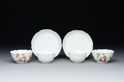 A pair of Chinese eggshell white-glazed cups and saucers, and two famille rose cups, 18th C.