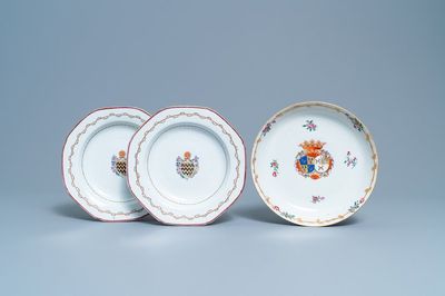 A pair of Chinese English market armorial plates and one for the Dutch market, Qianlong