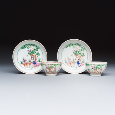 A pair of Chinese export famille rose 'Cherry Pickers' tea bowls and saucers, Qianlong
