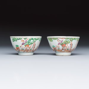 A pair of Chinese export famille rose 'Cherry Pickers' tea bowls and saucers — photo 4