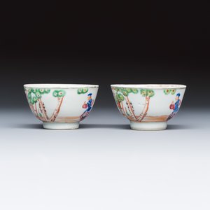 A pair of Chinese export famille rose 'Cherry Pickers' tea bowls and saucers — photo 5