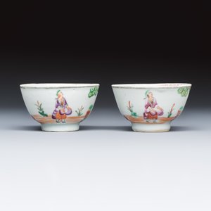 A pair of Chinese export famille rose 'Cherry Pickers' tea bowls and saucers — photo 7