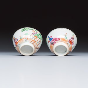 A pair of Chinese export famille rose 'Cherry Pickers' tea bowls and saucers — photo 9