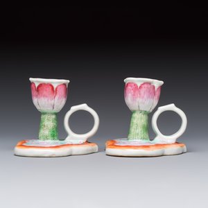 A pair of Chinese export famille rose lotus-form chambersticks on ruyi-shaped bases, Qianlong — photo 2