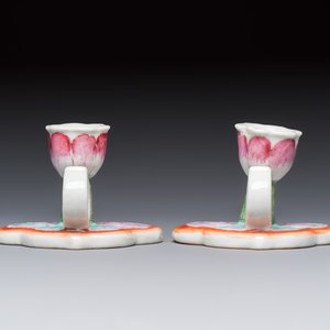 A pair of Chinese export famille rose lotus-form chambersticks on ruyi-shaped bases, Qianlong — photo 3