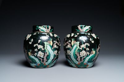 A pair of Chinese famille noire jars and covers, 19th C.