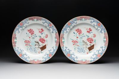 A pair of Chinese famille rose 'antiquities' dishes, Yongzheng