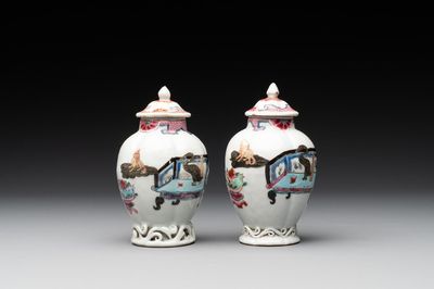 A pair of Chinese famille rose 'antiquities' tea caddies and covers, Yongzheng/Qianlong