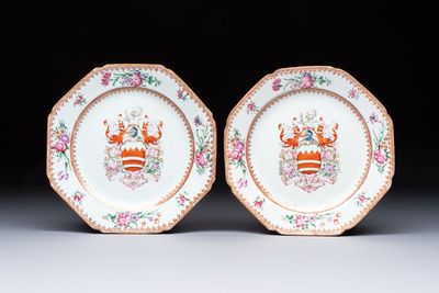 A pair of Chinese famille rose armorial plates with the arms of Hare for the English market, Qianlong, ca. 1755
