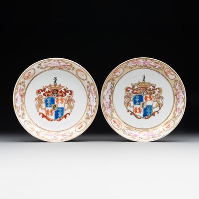 A pair of Chinese famille rose armorial saucers with the arms of Arendsma van Idsinga for the Dutch market, Qianlong, ca. 1750