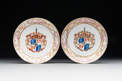 A pair of Chinese famille rose armorial saucers with the arms of Arendsma van Idsinga for the Dutch market, Qianlong