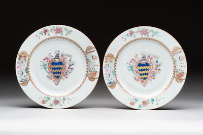 A pair of Chinese famille rose armorial soup plates with the arms of Longden for the English market, Qianlong, ca. 1748