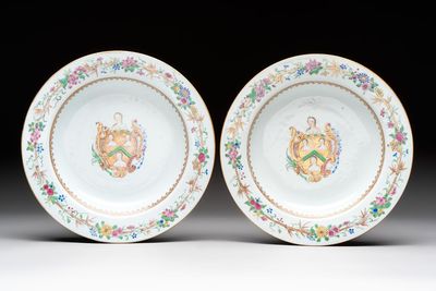 A pair of Chinese famille rose armorial soup plates with the arms of William Ellis for the English market, Qianlong, ca. 1755