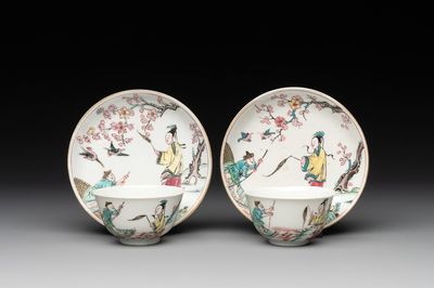 A pair of Chinese famille rose 'beloved by the river' cups and saucers, Yongzheng