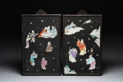 A pair of Chinese famille rose black-gravel-ground plaques, Jiaqing