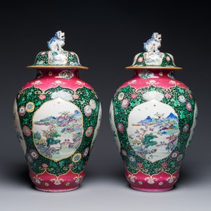 A pair of Chinese famille rose black-ground jars and covers with mountainous landscape design, Yongzheng — photo 3
