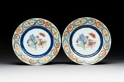 A pair of Chinese famille rose 'botanical' plates after Maria Sybilla Merian, Qianlong