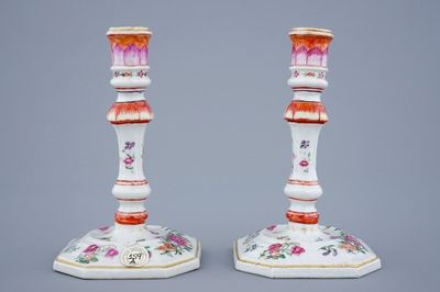 A pair of Chinese famille rose candlesticks, Qianlong, 18th C.