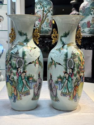 A pair of Chinese famille rose 'Chui Xiao Yin Feng 吹簫引鳳' vases, signed Pan Zhaotang 潘肇唐, dated 1923 — photo 1
