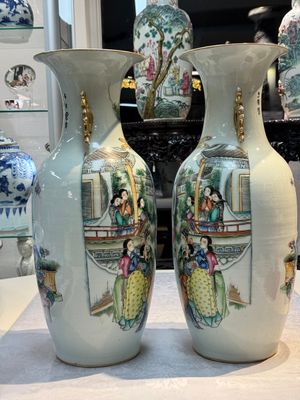 A pair of Chinese famille rose 'Chui Xiao Yin Feng 吹簫引鳳' vases, signed Pan Zhaotang 潘肇唐, dated 1923 — photo 2