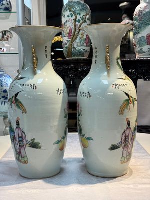 A pair of Chinese famille rose 'Chui Xiao Yin Feng 吹簫引鳳' vases, signed Pan Zhaotang 潘肇唐, dated 1923 — photo 4
