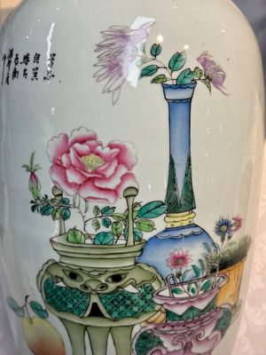 A pair of Chinese famille rose 'Chui Xiao Yin Feng 吹簫引鳳' vases, signed Pan Zhaotang 潘肇唐, dated 1923 — photo 8