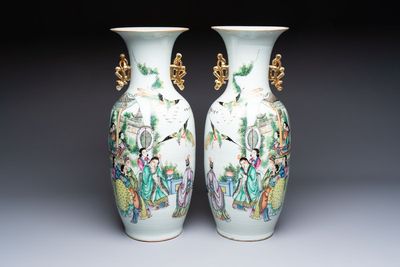 A pair of Chinese famille rose 'Chui Xiao Yin Feng 吹簫引鳳' vases, signed Pan Zhaotang 潘肇唐, dated 1923