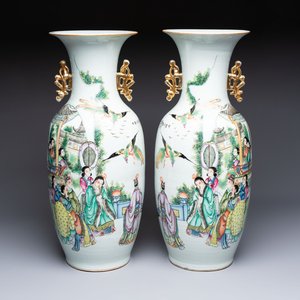 A pair of Chinese famille rose 'Chui Xiao Yin Feng 吹簫引鳳' vases, signed Pan Zhaotang 潘肇唐, dated 1923 — photo 1