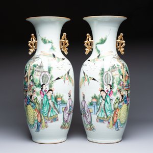 A pair of Chinese famille rose 'Chui Xiao Yin Feng 吹簫引鳳' vases, signed Pan Zhaotang 潘肇唐, dated 1923 — photo 2