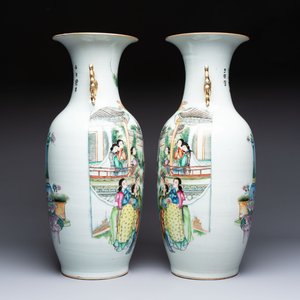A pair of Chinese famille rose 'Chui Xiao Yin Feng 吹簫引鳳' vases, signed Pan Zhaotang 潘肇唐, dated 1923 — photo 3