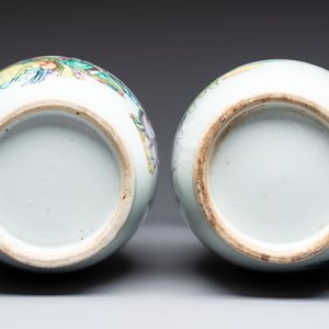 A pair of Chinese famille rose 'Chui Xiao Yin Feng 吹簫引鳳' vases, signed Pan Zhaotang 潘肇唐, dated 1923 — photo 7