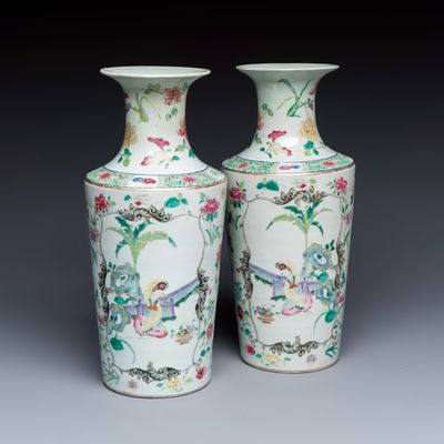 A pair of Chinese famille rose 'Court Lady in a Garden Setting' vases, 19th C.