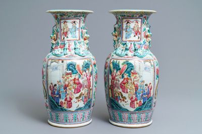 A pair of Chinese famille rose court scene vases, 19th C.