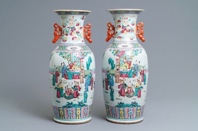 A pair of Chinese famille rose court scene vases, 19th C.