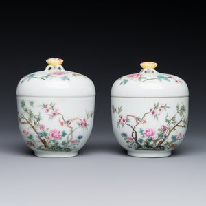 A pair of Chinese famille rose covered jars with birds and flowers, Guangxu mark and period — 照片 1
