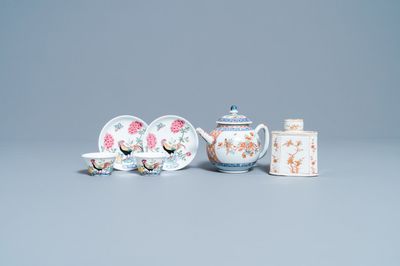 A pair of Chinese famille rose cups and saucers, a Dutch-decorated teapot and a tea caddy, Kangxi/Qianlong