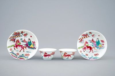 A pair of Chinese famille rose cups and saucers with horses, Yongzheng, 1723-1735