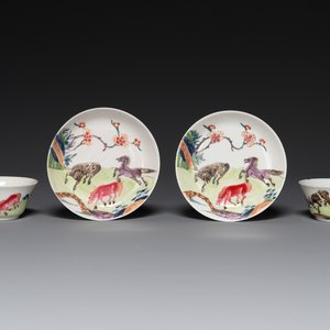 A pair of Chinese famille rose cups and saucers with horses, Yongzheng — photo 1