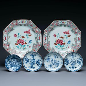 A pair of Chinese famille rose dishes, three blue and white plates and a 'kraak' porcelain 'klapmuts' bowl, Wanli and Qianlong — photo 1