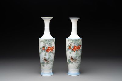 A pair of Chinese famille rose eggshell 'goldfish' vases, 20th C.