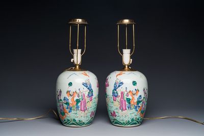 A pair of Chinese famille rose 'Eight Immortals' jars mounted as lamps, 19th C.