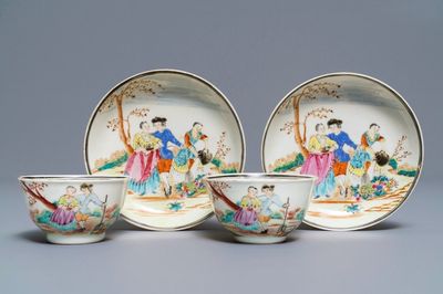 A pair of Chinese famille rose 'European subject' cups and saucers, Qianlong