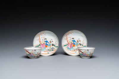 A pair of Chinese famille rose 'European subject' cups and saucers, Qianlong