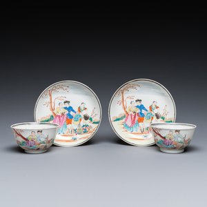 A pair of Chinese famille rose 'European subject' cups and saucers, Qianlong — 照片 1