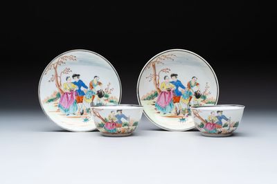 A pair of Chinese famille rose 'European subject' cups and saucers, Qianlong