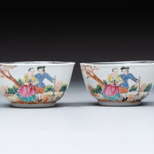A pair of Chinese famille rose 'European subject' cups and saucers, Qianlong — photo 4
