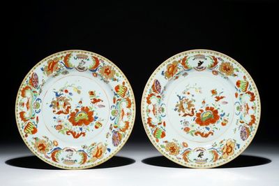 A pair of Chinese famille rose export “Pompadour” plates, ca. 1745